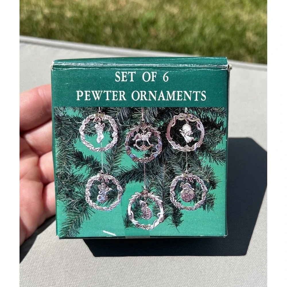 Vtg Pewter Christmas Ornaments 6 Round Cat Horse Angel Snowman Stocking Santa‎